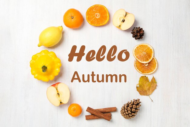 Concept of Hello Autumn composition with text Hello Autumn