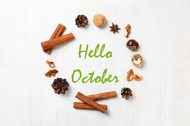 Concept of Hello Autumn composition with text Hello October