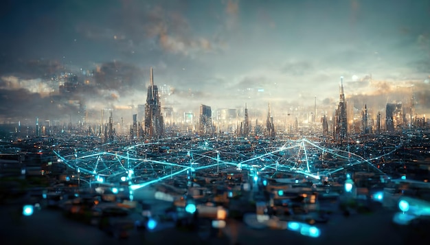 The concept of highspeed internet connection visualized as glowing cable webs sending digital data over spectacular futuristic cyberpunk cityscape with skyscrapers Digital art 3D illustration