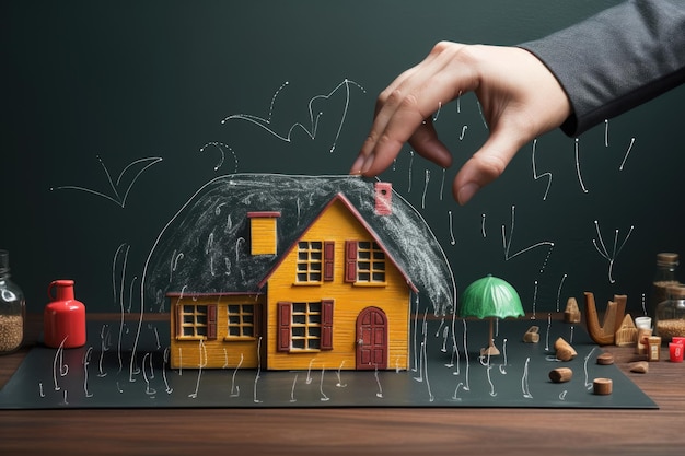 The concept of home and real estate property insurance is illustrated by a hand drawing on a blackbo...