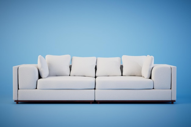 The concept of home rest white soft sofa on a blue background 3D render