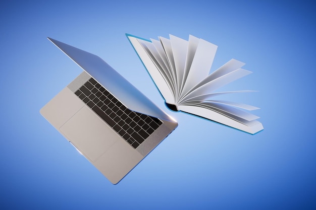 Концепция домашнего обучения с открытым ноутбуком и книгой на синем фоне 3D рендеринг