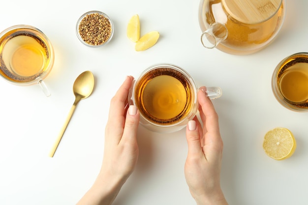 Concept of hot drink with buckwheat tea, top view