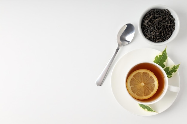 Photo concept of hot drink with tea on white background