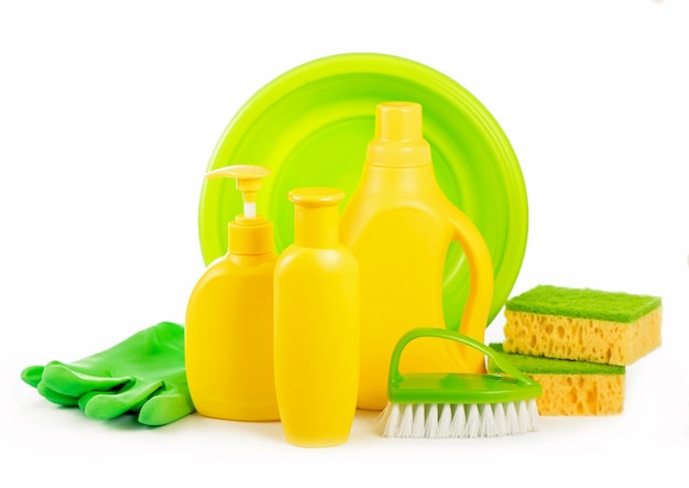 Concept - house cleaning. Detergents, scouring powders, scouring pads and gloves for cleaning the house