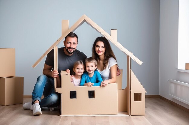 Foto concept huisvesting van een jong gezin moeder vader en kinderen in een nieuw huis