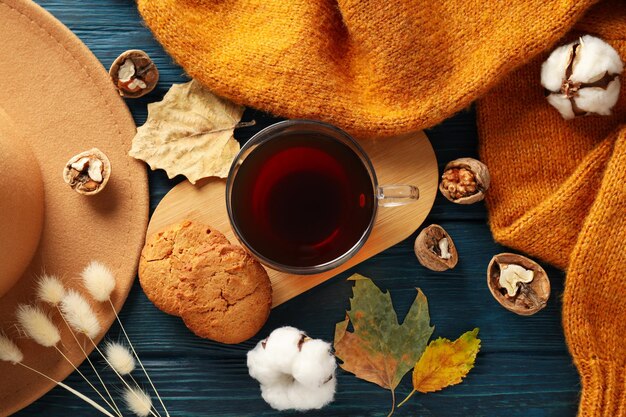 Концепция теплой и уютной композиции Hygge, вид сверху
