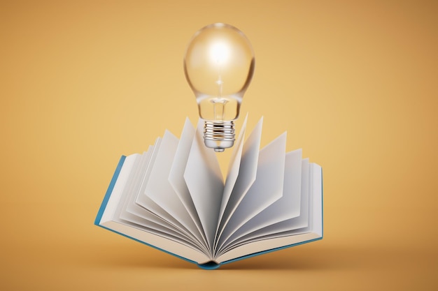 The concept of idea generation an open book and a burning light bulb on pastel background 3D render