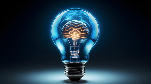 Concept of idea made with blue light bulb and shiny brain ai generative