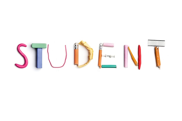 Concept of idea with colorful crumpled paper The word student created from office stationery