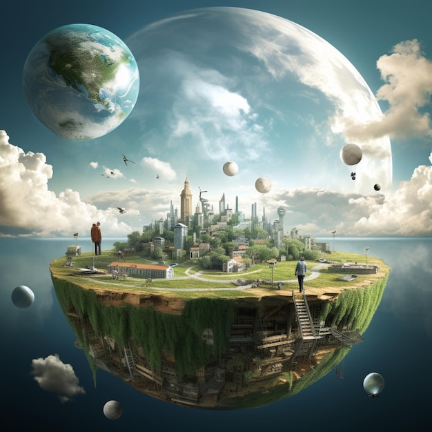 concept illusion of an ideal world the world of space with planet and the small city floating on to