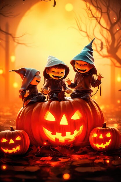 Concept illustratie van een kostuumfeestje voor Halloween Een groep kinderen in kostuums zitten op een gigantische pompoen in het maanlicht Oranje achtergrond Generatieve AI