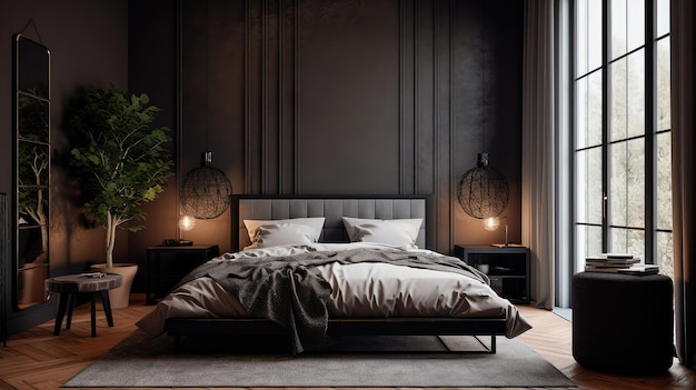 Concept illustration of a bedroom with sleek black decor a wooden floor a kingsize bed and a large window Generative AI