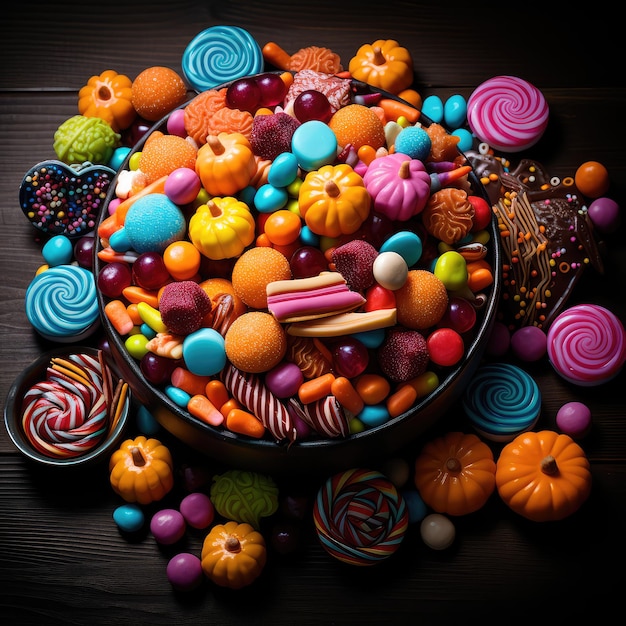 Concept illustration of a bright illustration of candies on a colorful Halloweenstyle background Generative AI