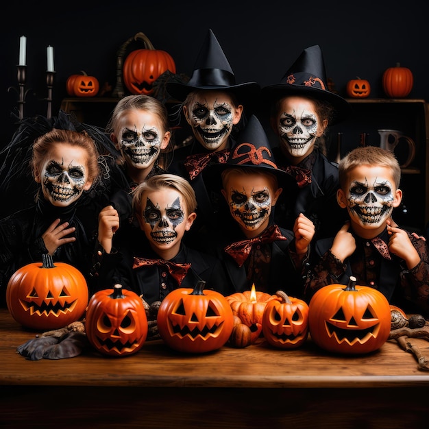 Концептуальная иллюстрация группы детей в костюмах и с тыквой дома на Хэллоуин Генеративный ИИ