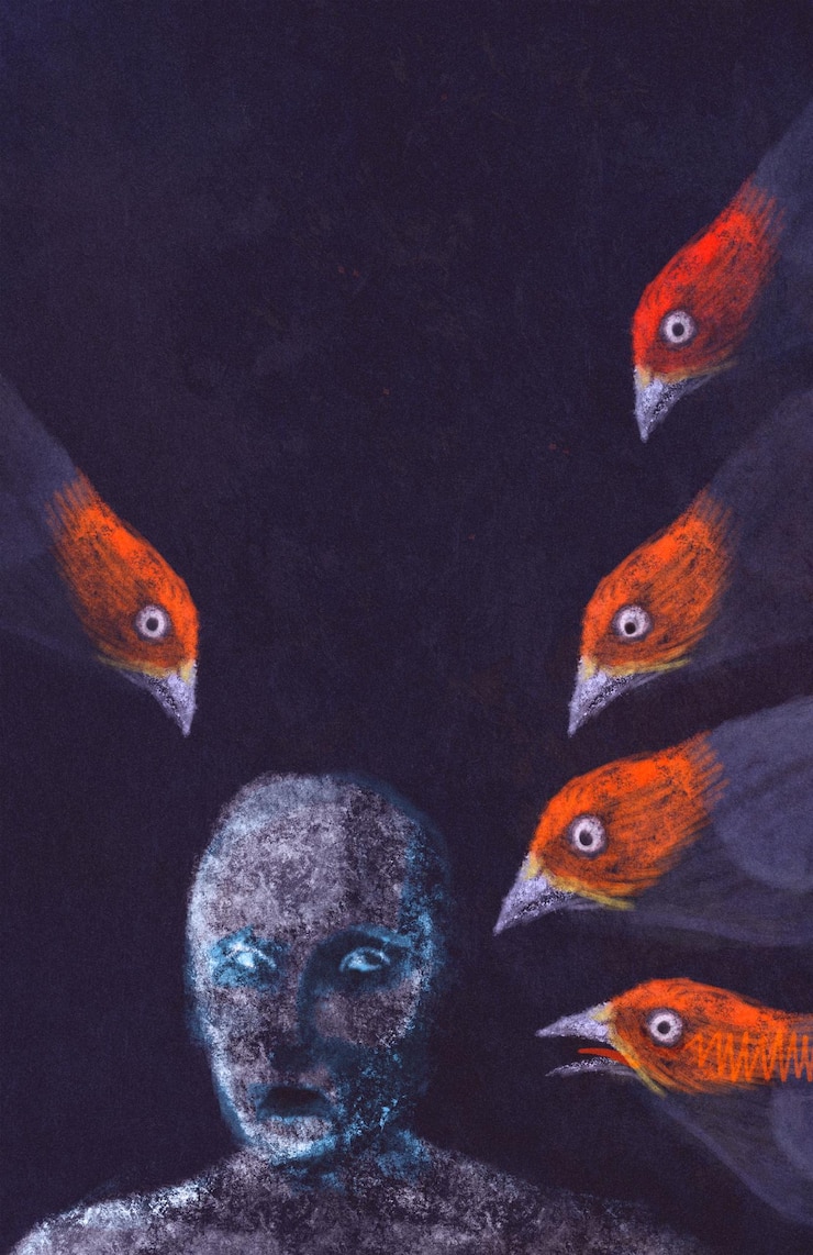 Photo concept illustration person frightened by birds mental illness depression panic attack nightmares