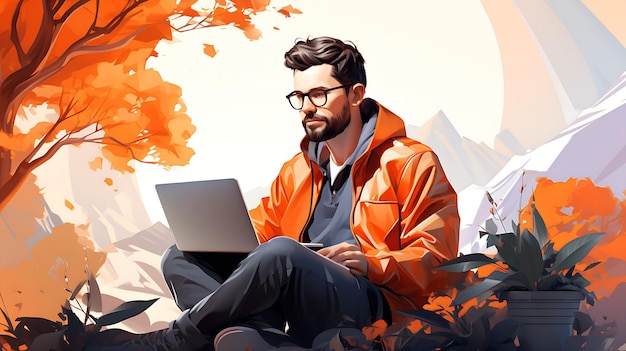Concept illustration for working studying education remote work Man working while traveling