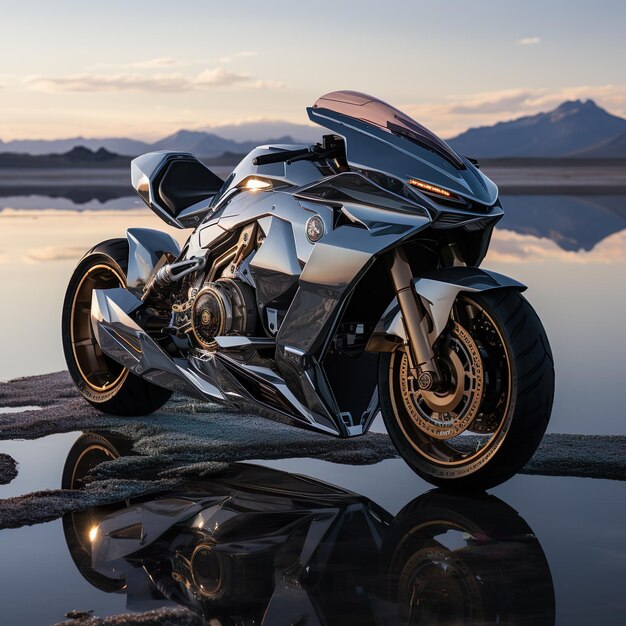 Foto immagine concettuale di una moto futuristica sulla spiaggia