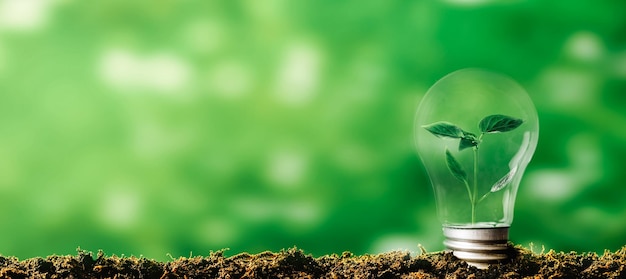 A Concept image of a light bulb on the ground with a plant inside