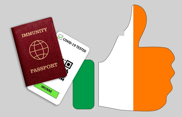 Concetto di passaporto dell'immunità, certificato per viaggiare dopo una pandemia per le persone che hanno avuto il coronavirus o fatto il vaccino e il risultato del test per covid-19 sulla bandiera dell'irlanda