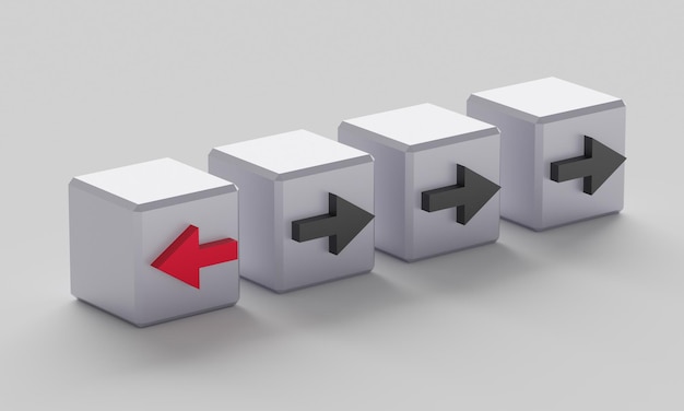 Concept of individuality Cubes with arrows One cube with red arrow the others with a black arrow