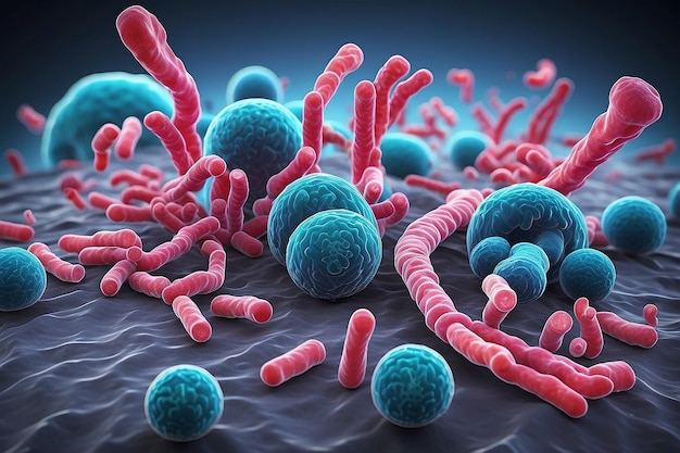 Concept infectieuze agentia bacteriën bacilli e coli deel van het darmmicrobiome vergrote afbeelding onder de microscoop 3d rendering 3d illustratie