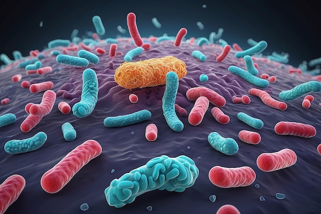 Photo concept infectious agents bacteria bacilli e coli part of the gut microbiome magnified image from under the microscope 3d rendering 3d illustration