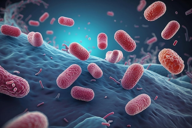 세균 (bacilli) 과 대장균 (coli) 의 일부, 현미경 아래에서 확대된 이미지 3D 렌더링 3D 일러스트레이션