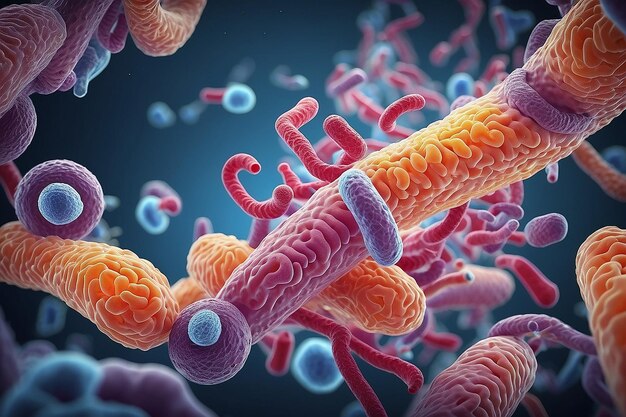 Photo concept infectious agents bacteria bacilli e coli part of the gut microbiome magnified image from under the microscope 3d rendering 3d illustration