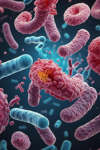 Concept infectious agents bacteria bacilli e coli part of the gut microbiome magnified image from under the microscope 3d rendering 3d illustration