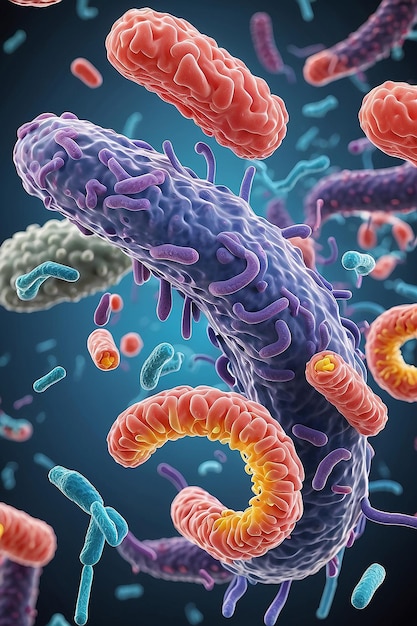 세균 (bacilli) 과 대장균 (coli) 의 일부, 현미경 아래에서 확대된 이미지 3D 렌더링 3D 일러스트레이션