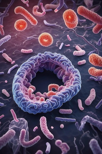 세균 (bacilli) 과 대장균 (coli) 의 일부, 현미경 아래에서 확대된 이미지 3D 렌더링 3D 일러스트레이션