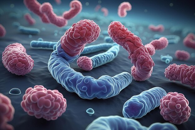 세균 (bacilli) 과 대장균 (coli) 의 일부, 현미경 아래에서 확대된 이미지 3D 렌더링 3D 일러스트레이션