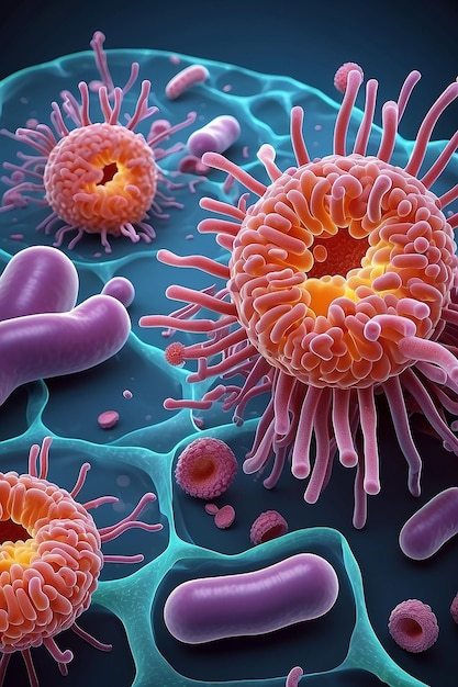 Photo concept infectious agents bacteria bacilli e coli part of the gut microbiome magnified image from under the microscope 3d rendering 3d illustration