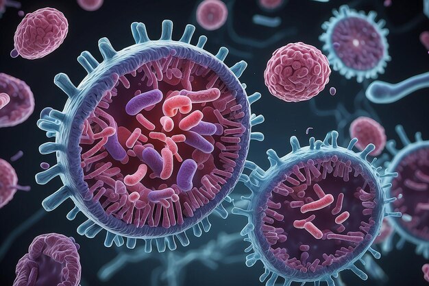 感染病原体 バクテリア バシリ・エ・コライ 腸内マイクロバイオーム 拡大画像 微鏡 3D レンダリング 3D イラスト