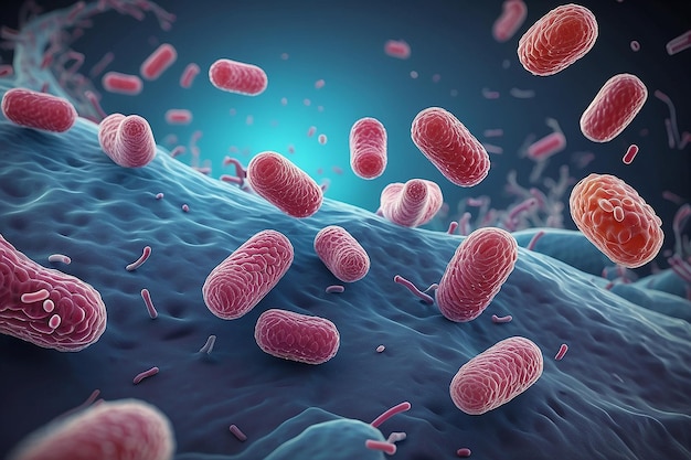 Concept infectious agents bacteria bacilli e coli part of the gut microbiome magnified image from under the microscope 3d rendering 3d illustration