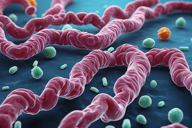 感染病原体 バクテリア バシリ・エ・コライ 腸内マイクロバイオーム 拡大画像 微鏡 3D レンダリング 3D イラスト