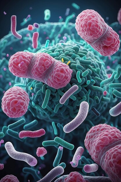 Photo concept infectious agents bacteria bacilli e coli part of the gut microbiome magnified image from under the microscope 3d rendering 3d illustration