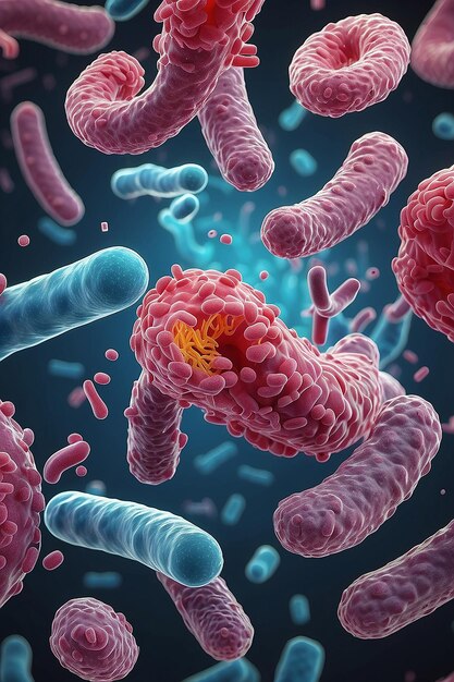 세균 (bacilli) 과 대장균 (coli) 의 일부, 현미경 아래에서 확대된 이미지 3D 렌더링 3D 일러스트레이션