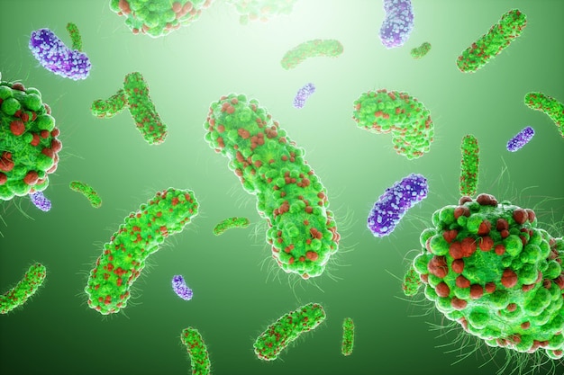 Концепция инфекционных агентов бактерии бациллы E coli часть кишечного микробиома Увеличенное изображение из-под микроскопа 3D рендеринг 3D иллюстрация