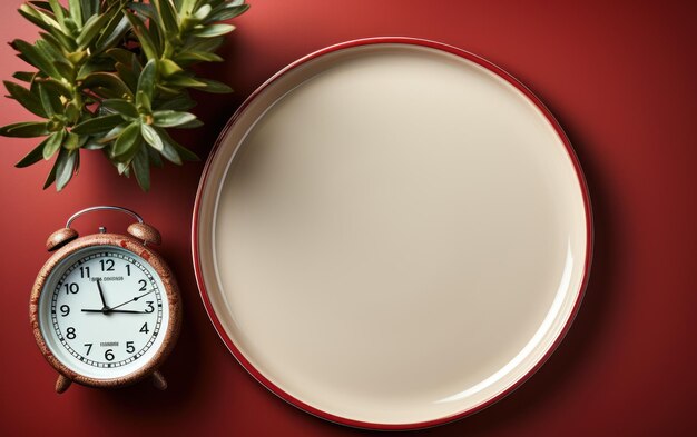 Concept of intermittent fasting showing an empty plate and a clock