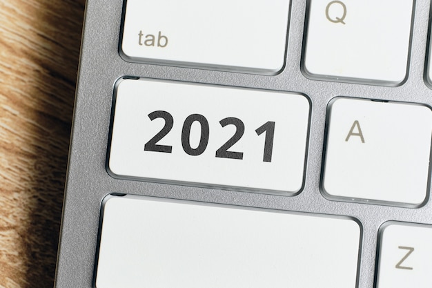 Concept of Internet technologies in the new year. 2021 on keyboard.