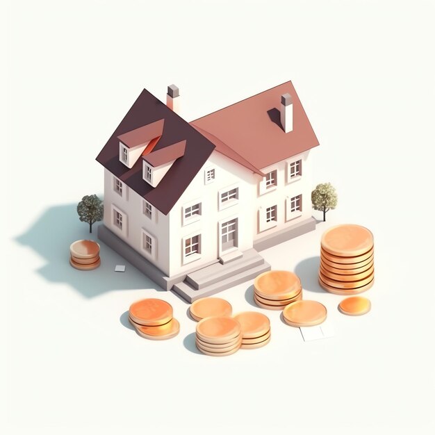 Concept of Investment property Miniature house with plot of land on coins