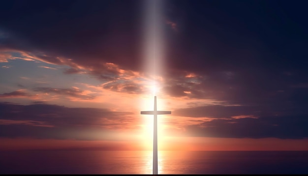 Concept of Jesus Christ white cross on sunset sky background generate ai