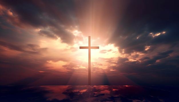 Concept of Jesus Christ white cross on sunset sky background generate ai