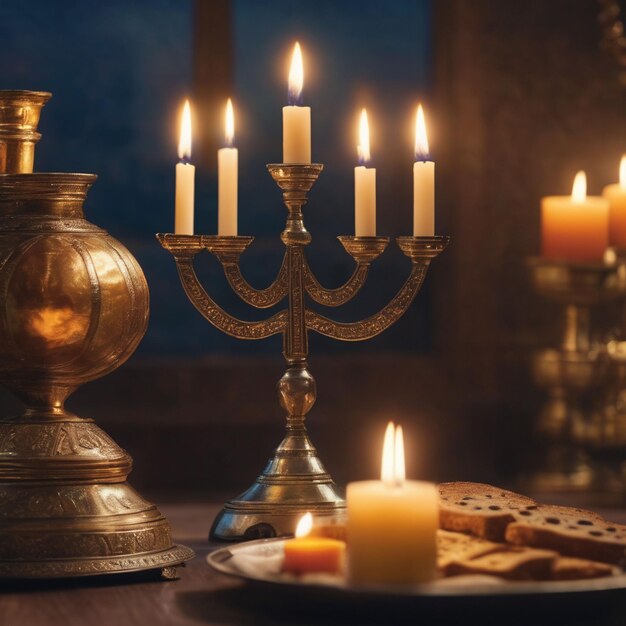 concept of of jewish religious holiday hanukkah with glittering raditional chandelier menorah