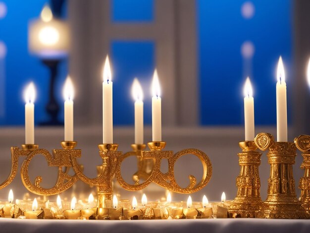 Concept of of jewish religious holiday hanukkah with glittering raditional chandelier menorah