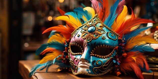 Concept of a joyful joyous carnival including a trumpet mask Carnival costume Generative Ai