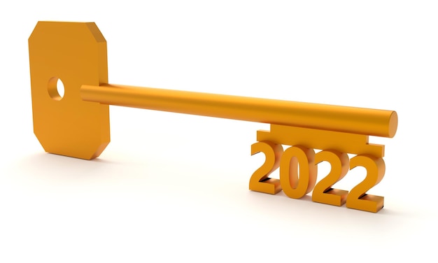 사진 새 해 2022 흰색 절연 개념 키입니다. 3d 렌더링