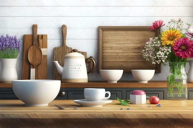 Concept for a kitchen wide banner A wooden table in a kitchen setting with a spoon a teapot cups bowls and flowers